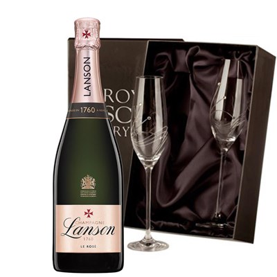 Lanson Le Rose Label Champagne 75cl With Diamante Crystal Flutes